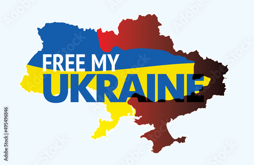 Map of Ukraine with bloody war zone and ukrainian national flag with Free My Ukraine slogan. International protest poster. Banner calling to stop the war of russia against Ukraine. Vector eps8.