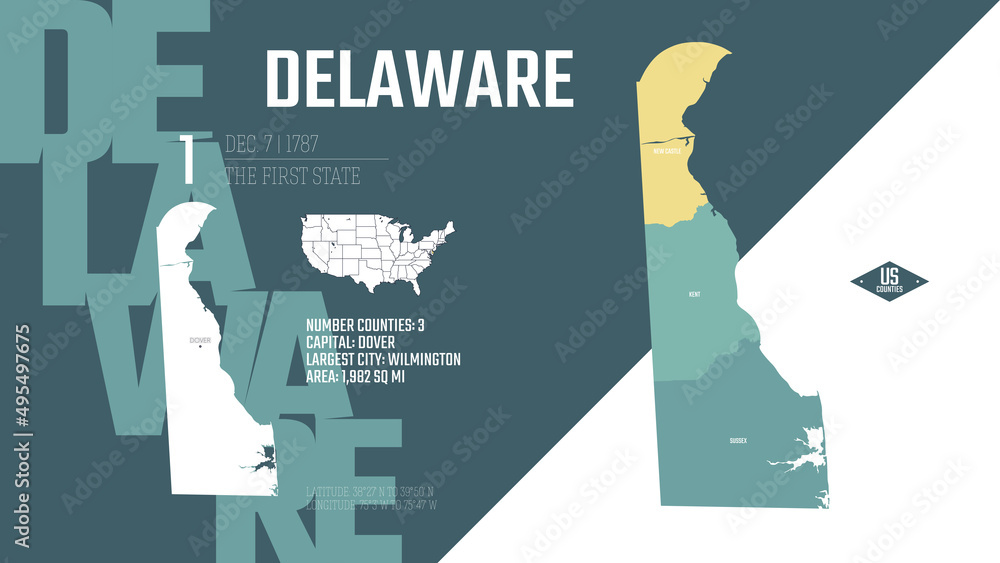 1 of 50 states of the United States, divided into counties with territory nicknames, Detailed vector Delaware Map with name and date admitted to the Union, travel poster and postcard 1 of 50 states of the United States, divided into counties with territory nicknames, Detailed vector Delaware Map with name and date admitted to the Union, travel poster and postcard