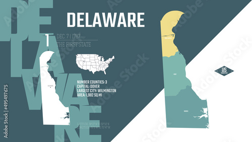 1 of 50 states of the United States, divided into counties with territory nicknames, Detailed vector Delaware Map with name and date admitted to the Union, travel poster and postcard