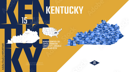 15 of 50 states of the United States, divided into counties with territory nicknames, Detailed vector Kentucky Map with name and date admitted to the Union, travel poster and postcard photo