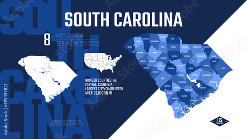8 of 50 states of the United States, divided into counties with territory nicknames, Detailed vector South Carolina Map with name and date admitted to the Union, travel poster and postcard
