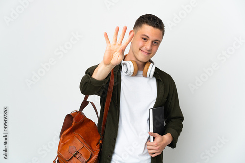 Young caucasian student man isolated on white background happy and counting four with fingers