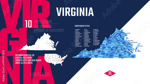 10 of 50 states of the United States, divided into counties with territory nicknames, Detailed vector Virginia Map with name and date admitted to the Union, travel poster and postcard