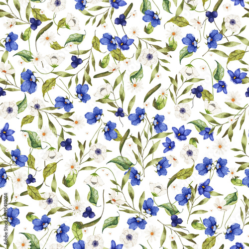 Watercolor seamless pattern with wild flowers blue and white on light background. Floral fabric textile packaging design illustration