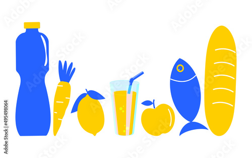 Grocery humanitarian set in blue and yellow tones. Donations and charity food, bread, water, fruits and vegetables. Volunteer help. Vector.