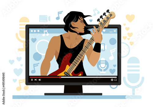 Male bass player performs online. The concept of transferring music and video clips. A musician or artist makes an online show in an application on a laptop. Flat vector illustration.