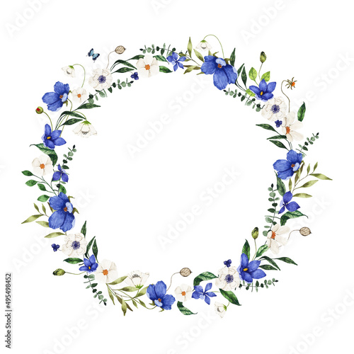 Watercolor summer floral wreath with blue white wildflowers isolated. Floral spring round frame blossom illustration wedding invitation save the date card