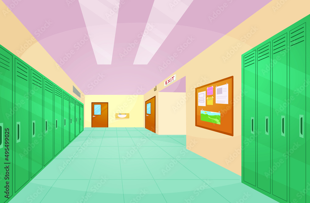 Vecteur Stock School hallway interior with entrance doors, lockers and