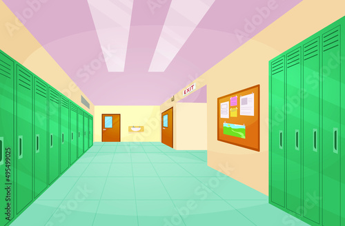 School hallway interior with entrance doors, lockers and bulletin board on wall. Vector cartoon illustration of empty corridor in college, university with closed classrooms doors
