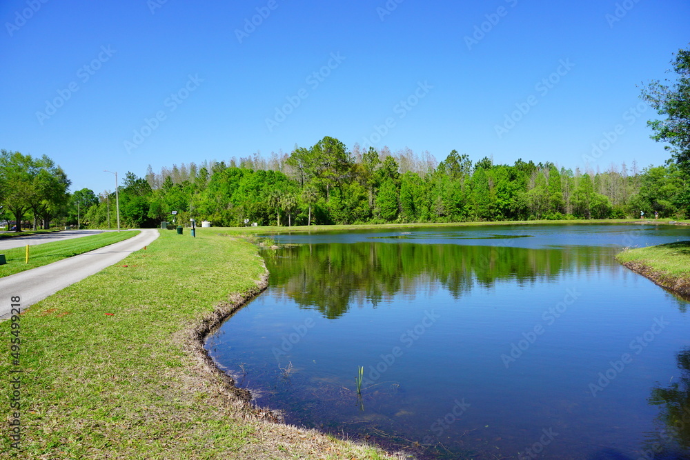 A Florida community pond and fountain A Florida community pond and fountain