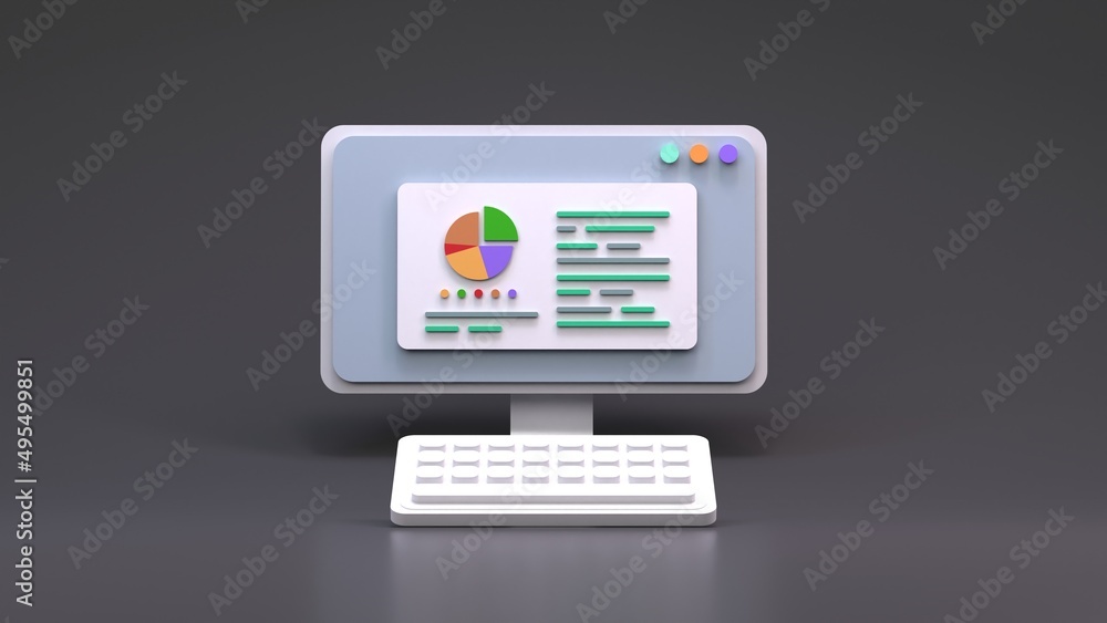Report with histogram and graph on computer screen. 3d render illustration.