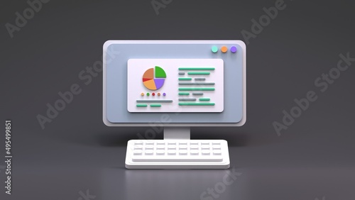 Report with histogram and graph on computer screen. 3d render illustration.