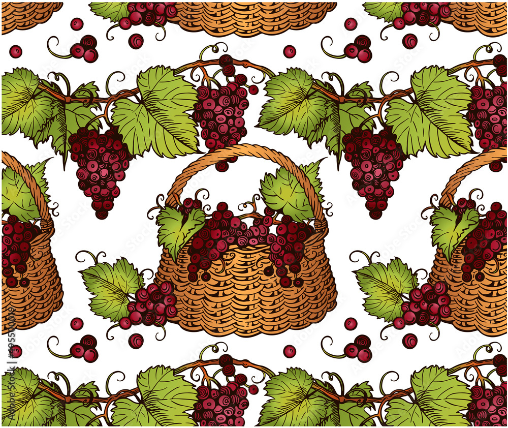 Sketch drawing pattern of red bunch of grapes with green leaves in