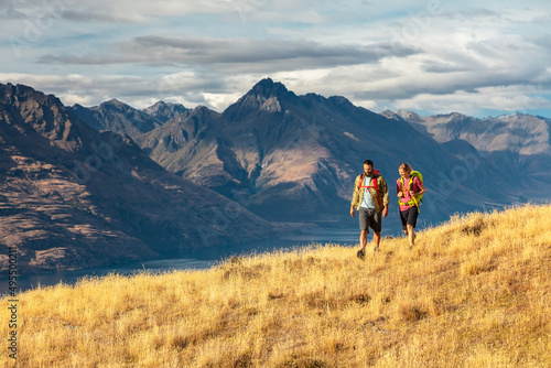 Caucasian couple spending vacation hiking outdoors The Remarkables photo