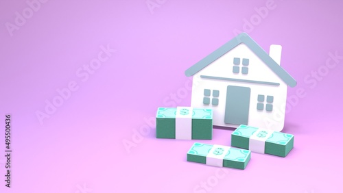 House and money stack icon. The concept of buying a home. 3d rendering.
