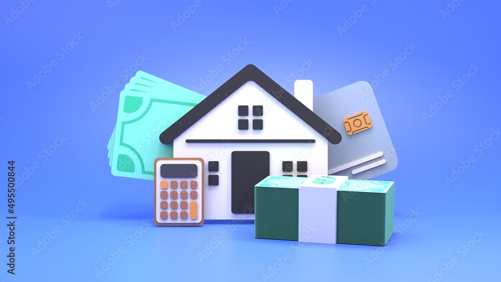 House icon, calculator and stacks of money. The concept of buying and selling housing. 3d rendering.