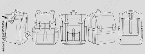 Set of backpack outline drawing vector, set of Backpack in a sketch style, trainers template outline, vector Illustration.
 photo