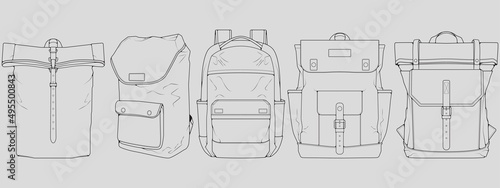 Set of backpack outline drawing vector, set of Backpack in a sketch style, trainers template outline, vector Illustration.
 photo