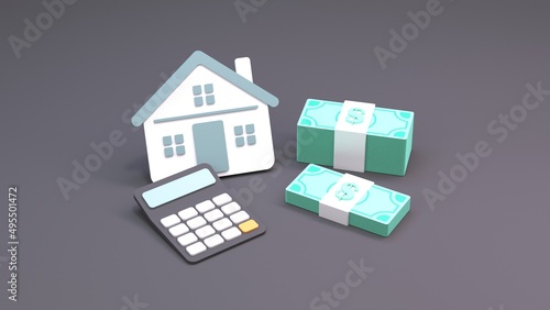 House and money stack icon. The concept of buying a home. 3d rendering.