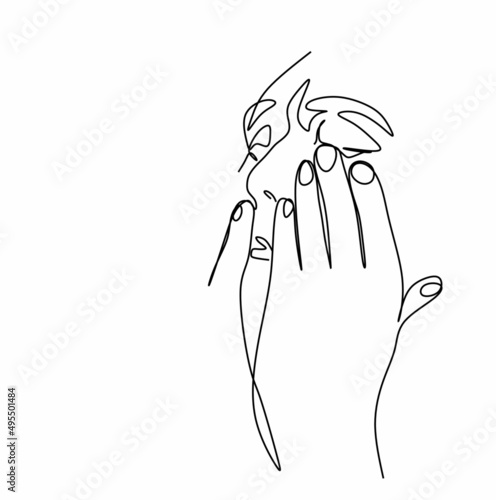 A line drawing of the face and hands of a lost man. The concept of bad mood, mental health, the concept of psychology.
