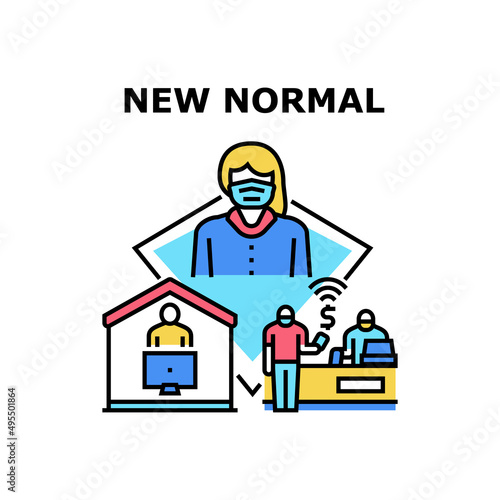 New Normal Protect Vector Icon Concept. Wearing Protective Facial Mask In Public Place, Contactless Payment In Store And Remote Working At Home New Normal Of Health Protection Color Illustration