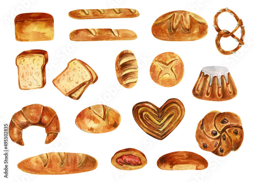 Large watercolor baking set. Different types of bread: baguette, loaf. Sweet pastries: buns, pie, rum baba, pretzel. The menu of the craft bakery.