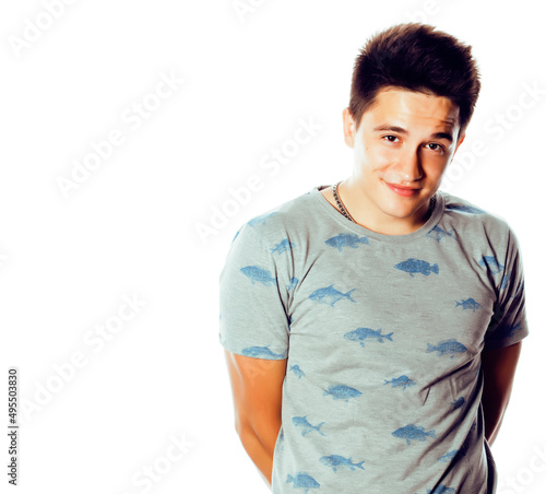 young attractive man isolated thinking emotional on white closeup gesturing smiling, lifestyle people concept photo