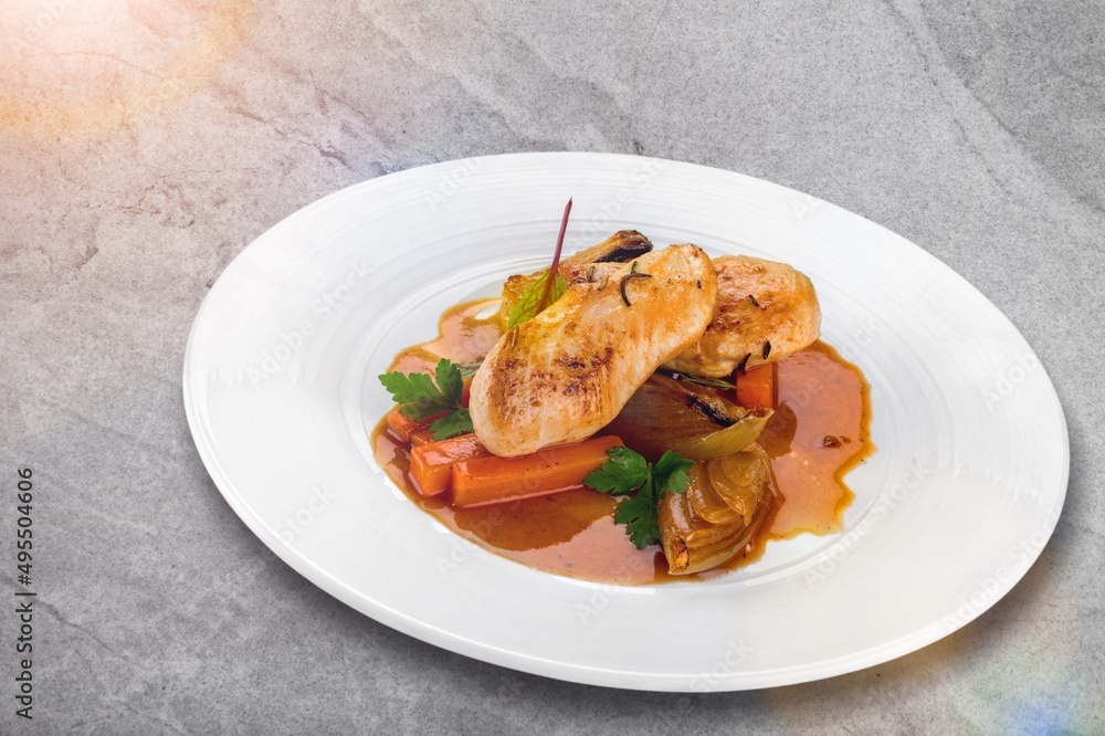 Roast chicken meat with vegetable on plate Roast chicken meat with vegetable on plate