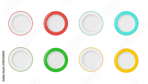 Empty plates with red, blue, yellow and green border on a white background. Dish for serving food to children.