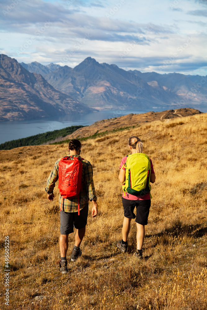 Adventure couple on vacation hiking trip South Island