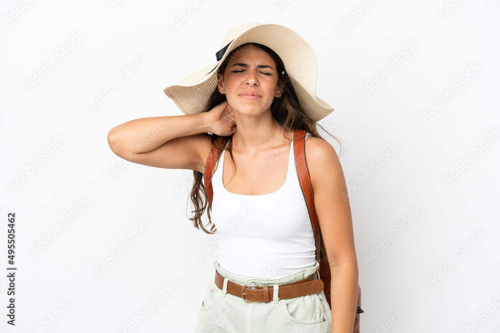Young caucasian woman wearing a Pamela in summer holidays isolated on white background with neckache Young caucasian woman wearing a Pamela in summer holidays isolated on white background with neckache