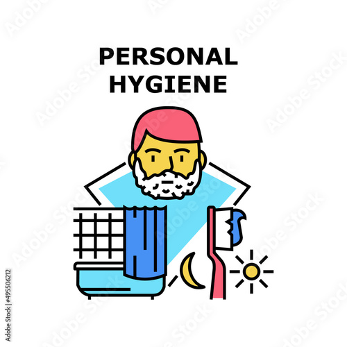 Personal Hygiene Vector Icon Concept. Shower Bathing, Teeth Brushing And Shaving Personal Hygiene Procedure In Bathroom. Daily Hygienic Treatment For Health Care Color Illustration