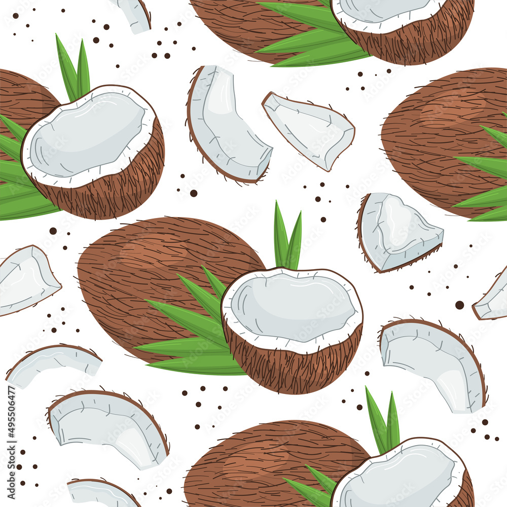 Seamless background with coconuts and palm leaves. Half a coconut