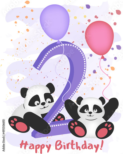Fototapeta Naklejka Na Ścianę i Meble -  Happy second birthday. Greeting card with pandas and balloons with the inscription.