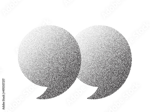 Dotwork pattern speech bubble. Black noise stipple dots quotation comma. Sand grain effect. Black dots grunge banner. Quote mark noise dotwork pattern. Stochastic dotted comment sign. Vector