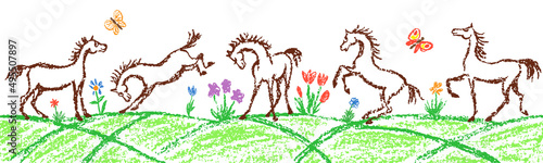 Comic funny horse set. Seamless border background. Crayon kids hand drawn cute pony on grass flower. Crayon or pencil pastel chalk cartoon doodle vector art character. Smiling simple pet on meadow