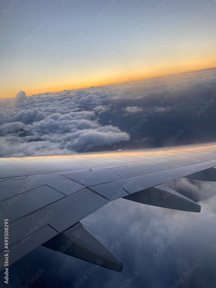 Airplane wing. Sunset in the clouds on the plane. Airplane wing. Sunset in the clouds on the plane.