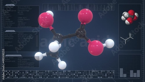 Overview of the molecule of lactic acid on the computer screen. Loopable 3d animation photo