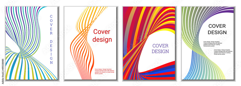 A set of 4 abstract covers. Wavy parallel gradient lines, ribbons evolve. Cover design, background. Trendy banner, poster. A set of 4 abstract covers. Wavy parallel gradient lines, ribbons evolve. Cover design, background. Trendy banner, poster.