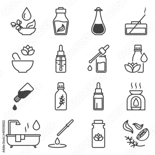 Essential oil icons set. Simple line drawing of vials, use and composition of liquid essential oil. Vector over white background.