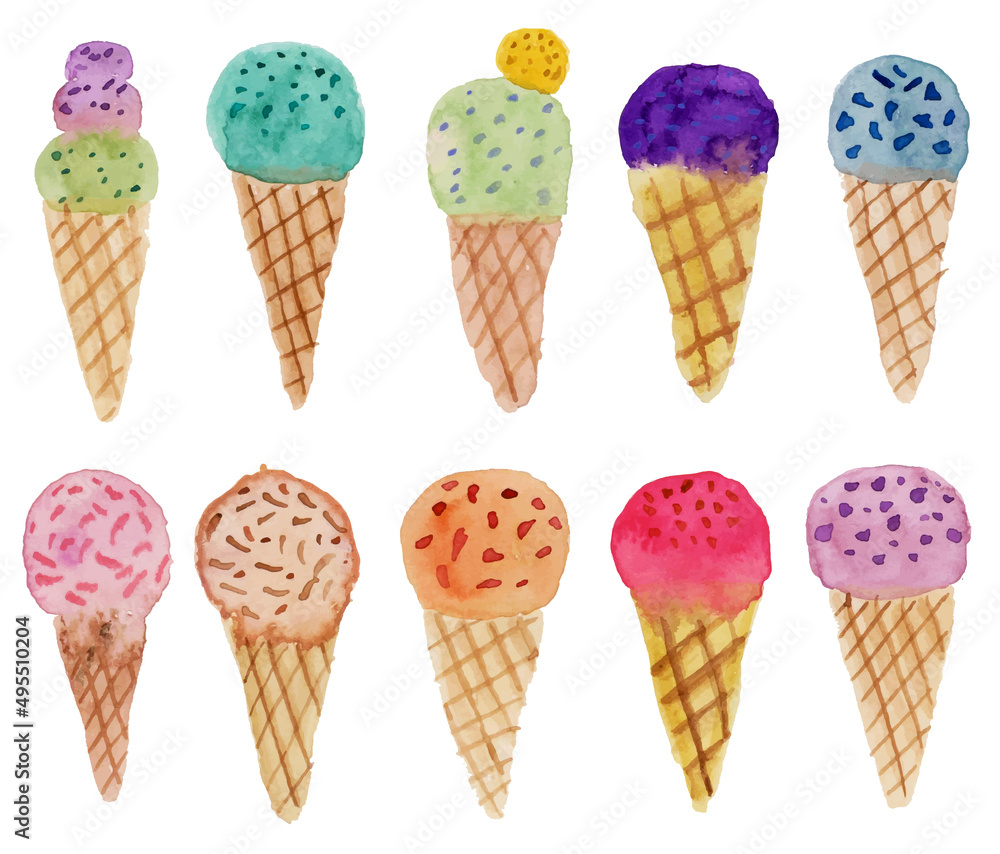 Cute Ice Cream Cone Summer Watercolor Collection Cute Ice Cream Cone Summer Watercolor Collection