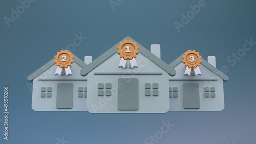 Icon of houses and reward for first  second and third place. 3d rendering.