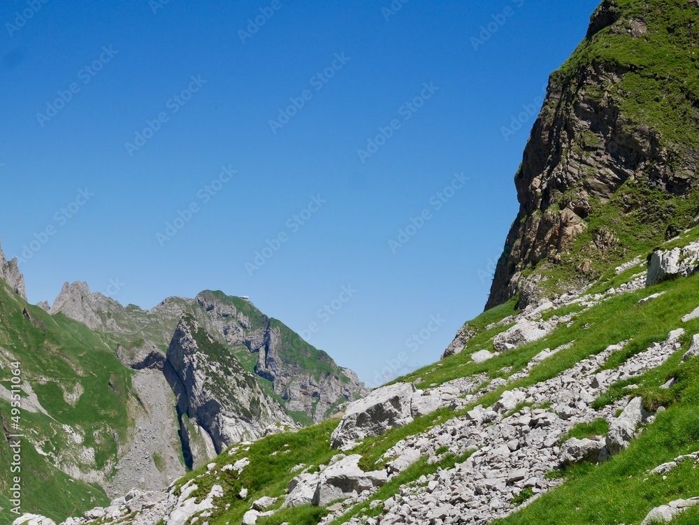 Panoramic view of Schaefler in Alpstein massif. Appenzell, Switzerland.