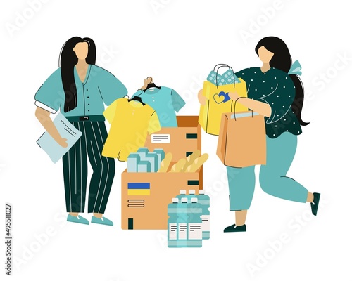 Volunteers pack donation boxes with the essentials. Clothes, medicines and water.
Vector illustration. Charity for Ukraine.