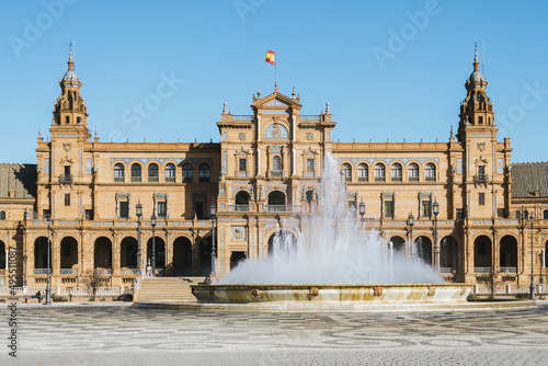 View of Spain Square with town hall and fountain, Seville, Spain.