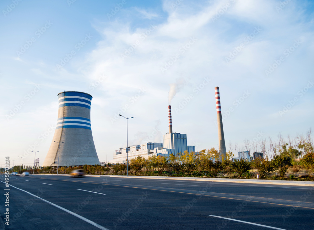 Coal power factory with chimney and cooling towers Coal power factory with chimney and cooling towers