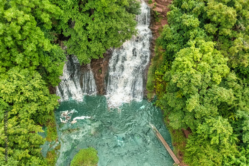 Dzhurinsky or Krasnogorodsky waterfall, aerial view, located on the Dzhurin River in the village of Nyrkov, Zalishchikovsky district, Ternopil region. photo