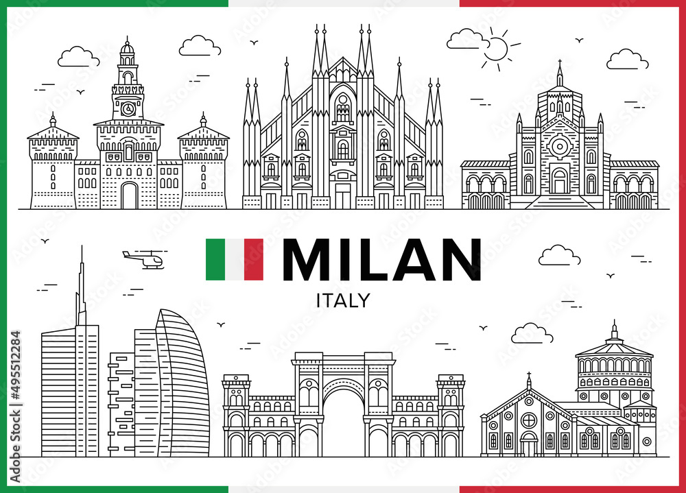 Obraz premium Milan, Italy. Milan Cathedral, Santa Maria delle Grazie, Galleria Vittorio Emanuele II, Vector illustration