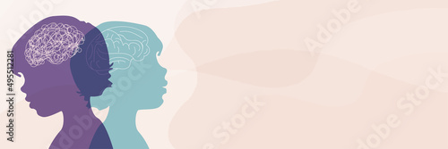 Child kid or baby whit bipolar disorder mind. Double face. Split personality. Mood disorder. 2 Head silhouette.Psychology. Dual personality. Metaphor Mental health. Tangle and untangle