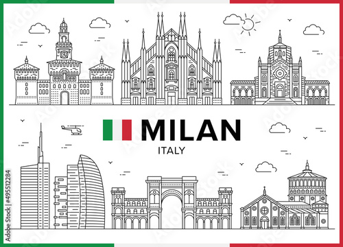 Milan, Italy. Milan Cathedral, Santa Maria delle Grazie, Galleria Vittorio Emanuele II, Vector illustration